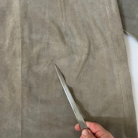 ANJA FLINT Leather Suede Size L Duster Cardigan Tie Up Khaki Neutral Lagenlook - Picture 13 of 13